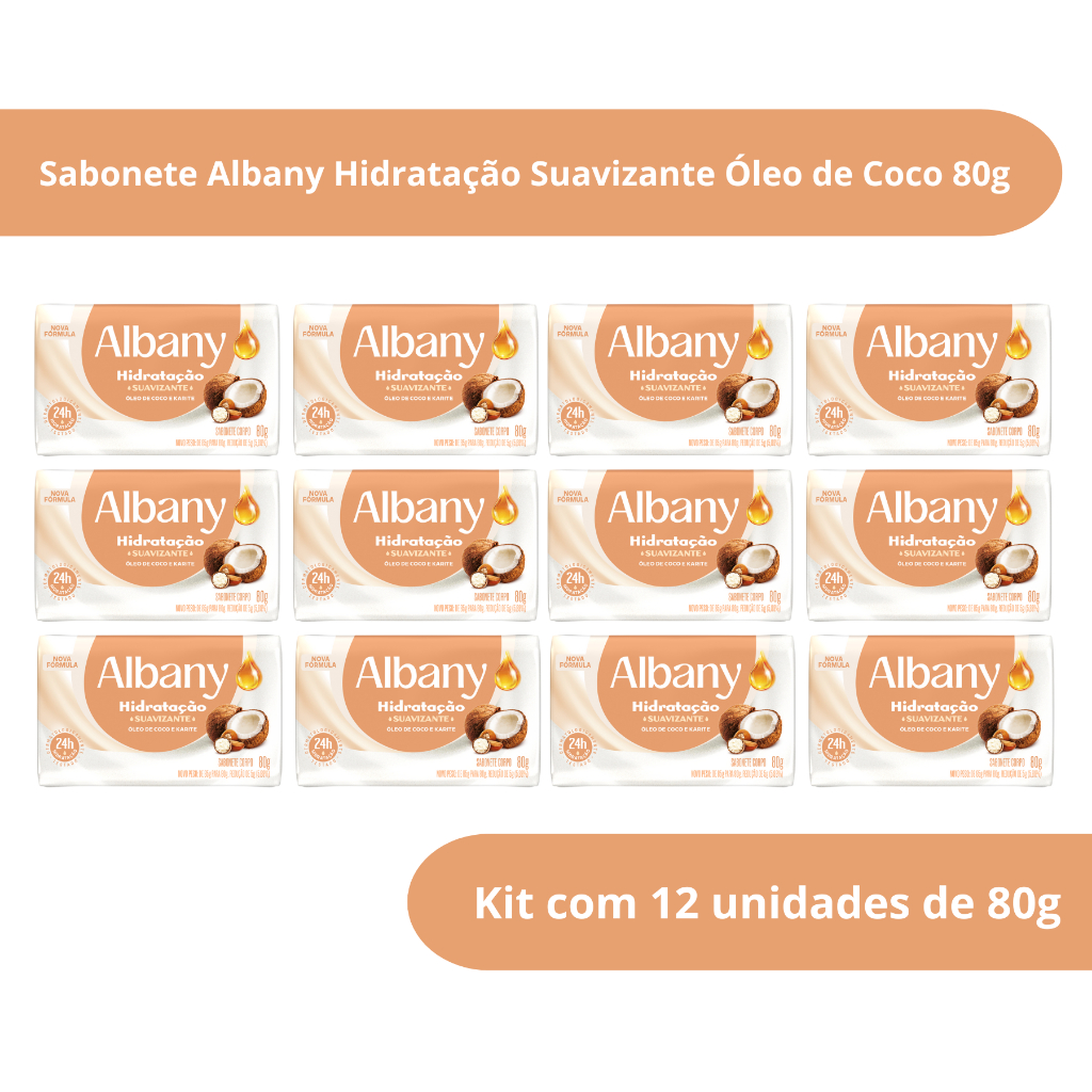 Kit com 12 Sabonete em Barra Albany Hidratação Suavizante Óleo de Coco e Karité 80g