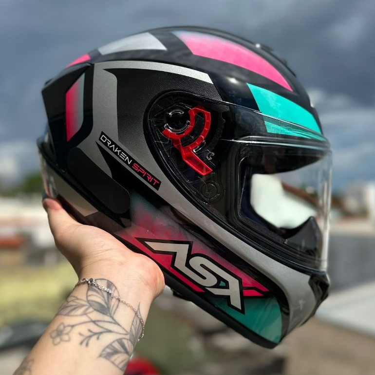 CAPACETE ASX LANÇAMENTO DRAKEN SPIRIT TIFFANY/PRATA BRILHANTE + VISEIRA CRISTAL BAVETE NARIGUEIRA