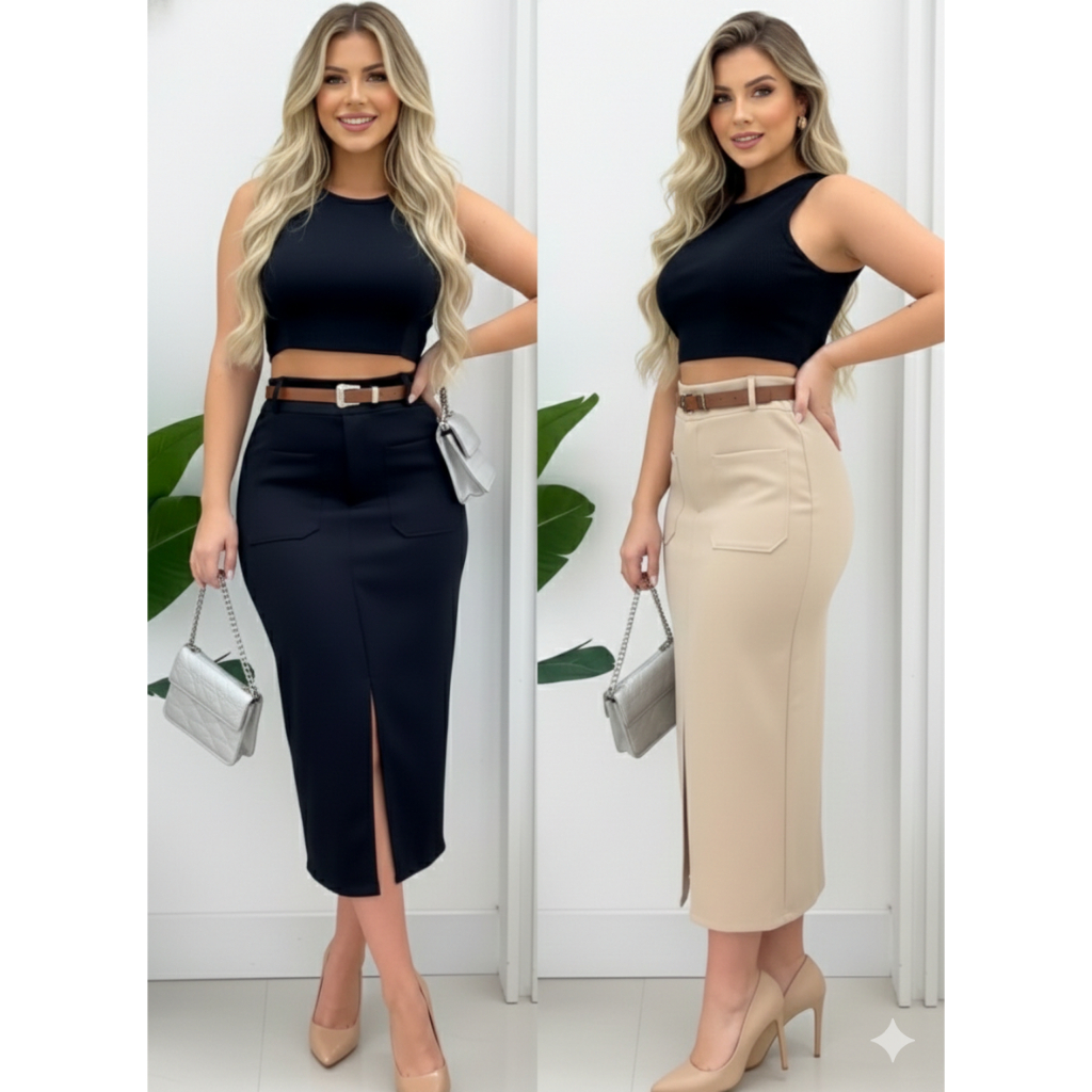 Kit 2 Saias Midi Alfaiataria Elegante com Fenda e bolso frontal + Cinto Grátis em Oferta na Shopee
