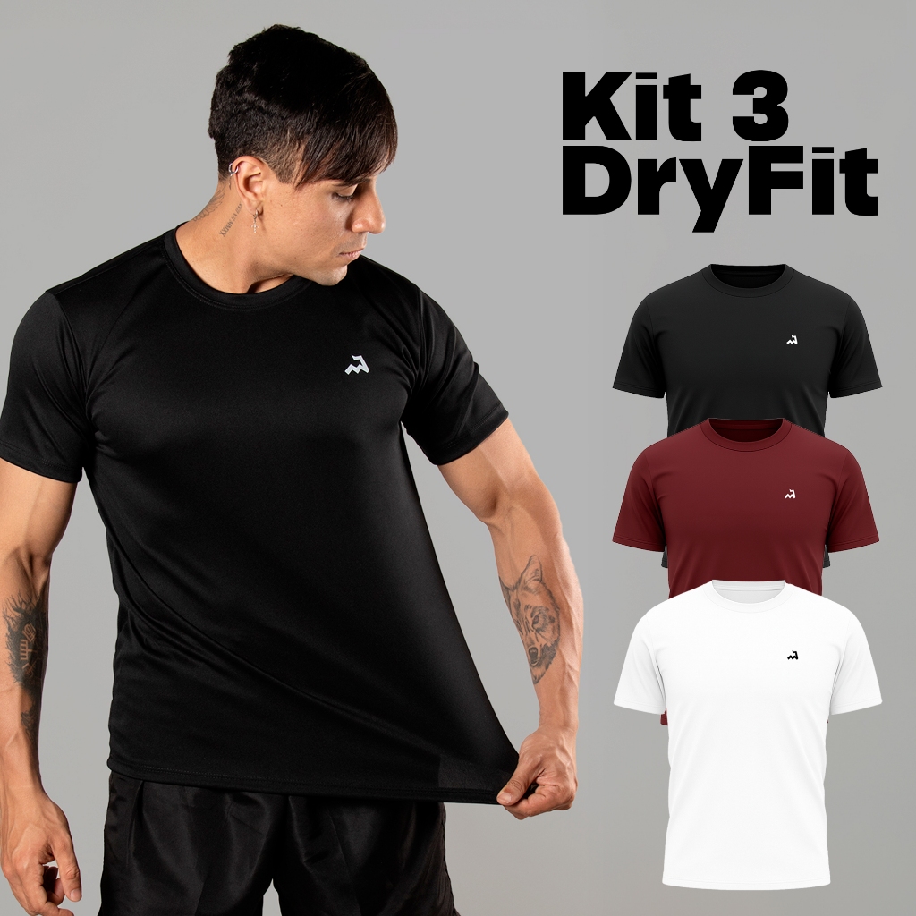 Kit 3 Camiseta Dry Masculina Manga Curta Fitness Academia Corrida CrossFit Poliester Premium L01
