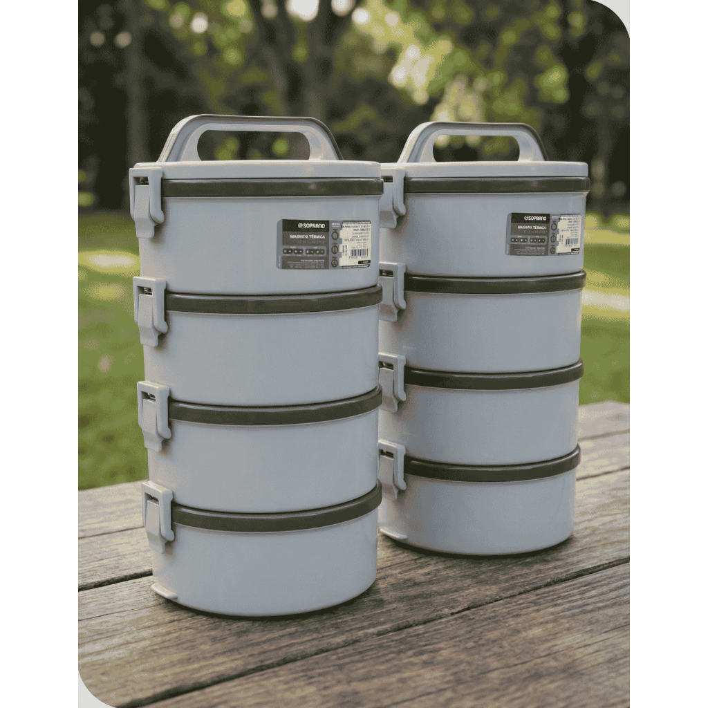 Marmita Térmica Kit 2 Andares 4 Pratos 1,5 Litros Divisórias Alça de Transporte Marmitex Soprano