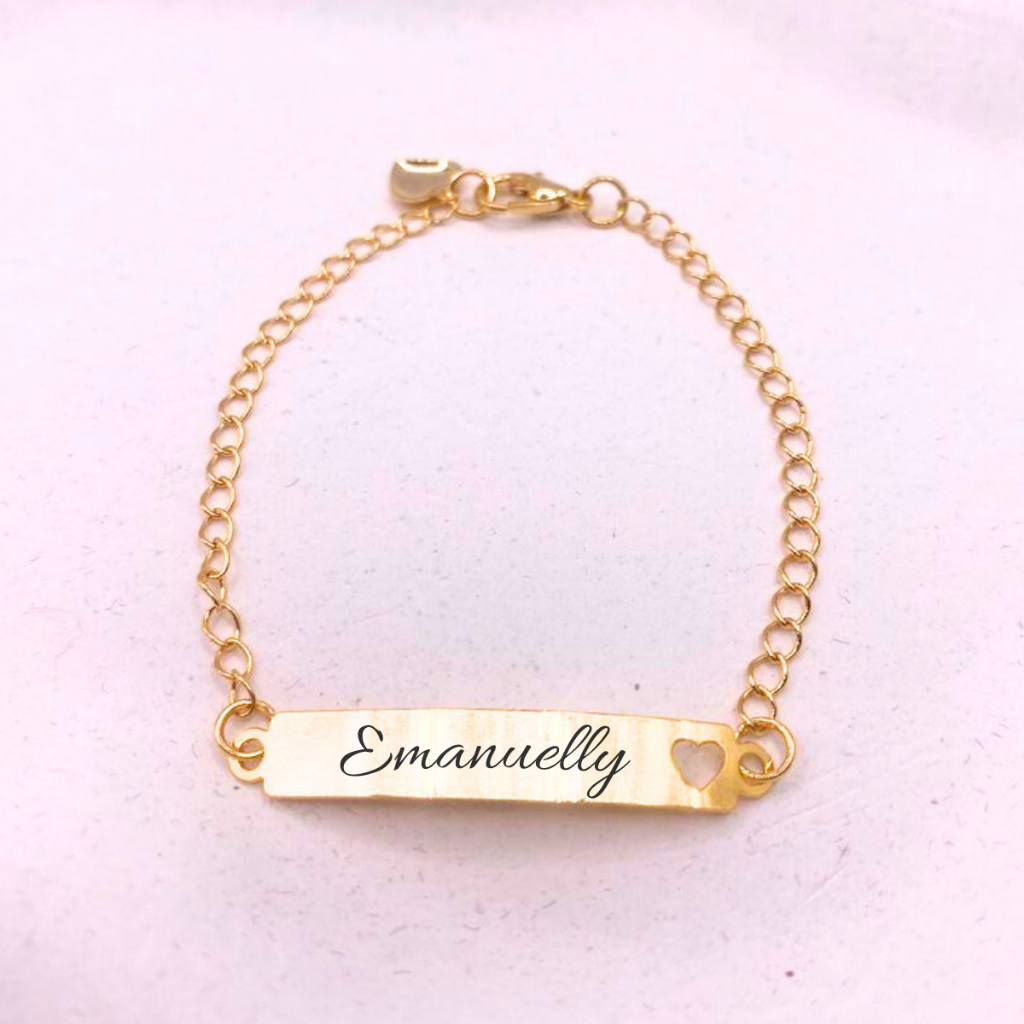 Pulseira Infantil RN Bebê Personalizado Coração Vazado Banhado A Ouro 18k Prata Gravação A Laser Nome