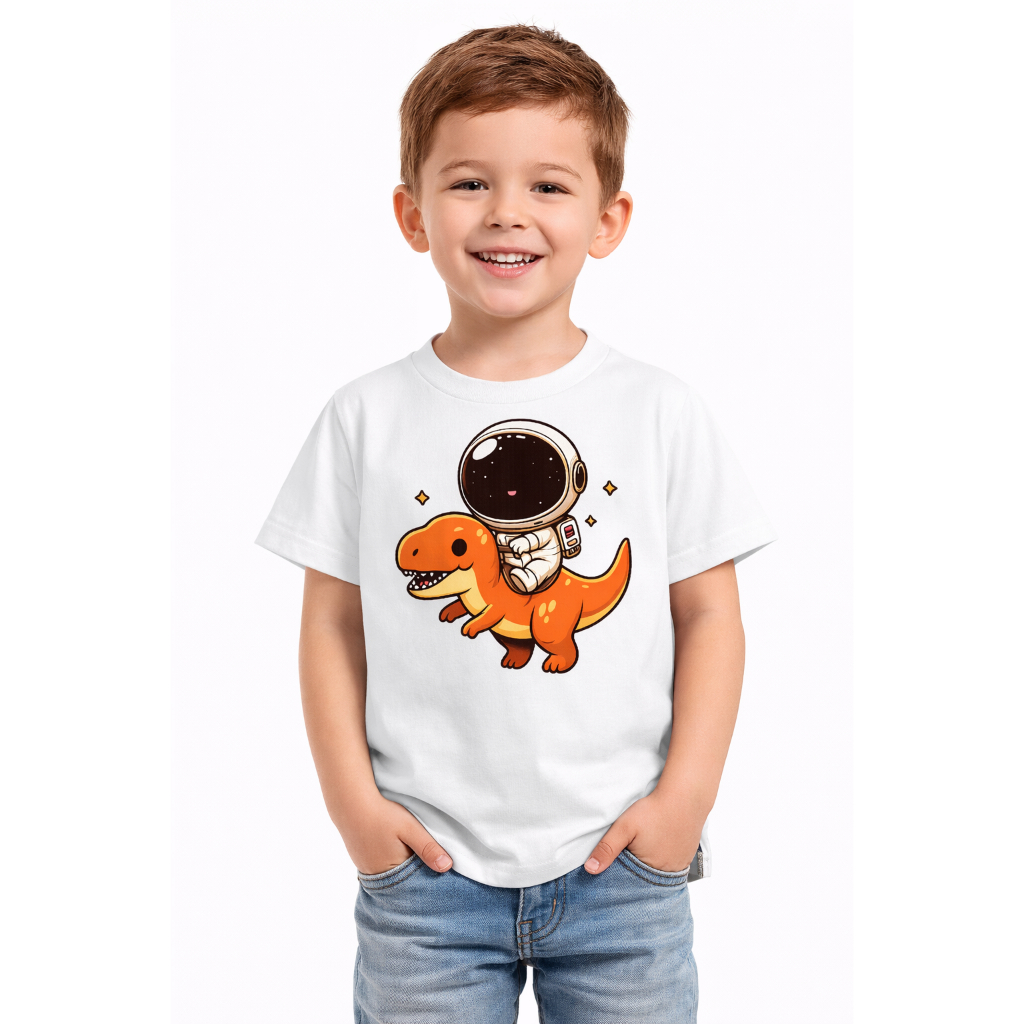 Camiseta Infantil Estampada Astronauta Dinossauro 2 ao 14 100% Algodão