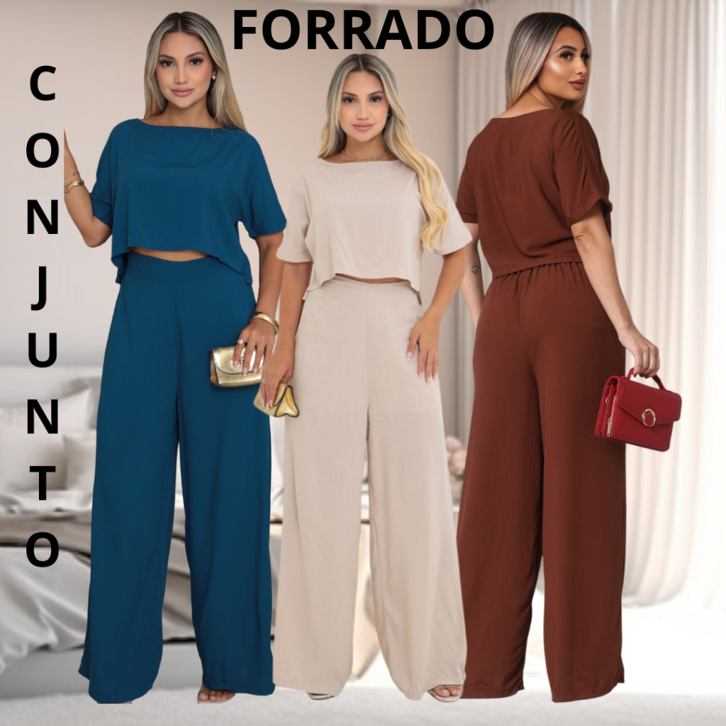 Conjunto Feminino Alfaiataria Blusinha e Pantalona em Viscolinho Elegante Casual