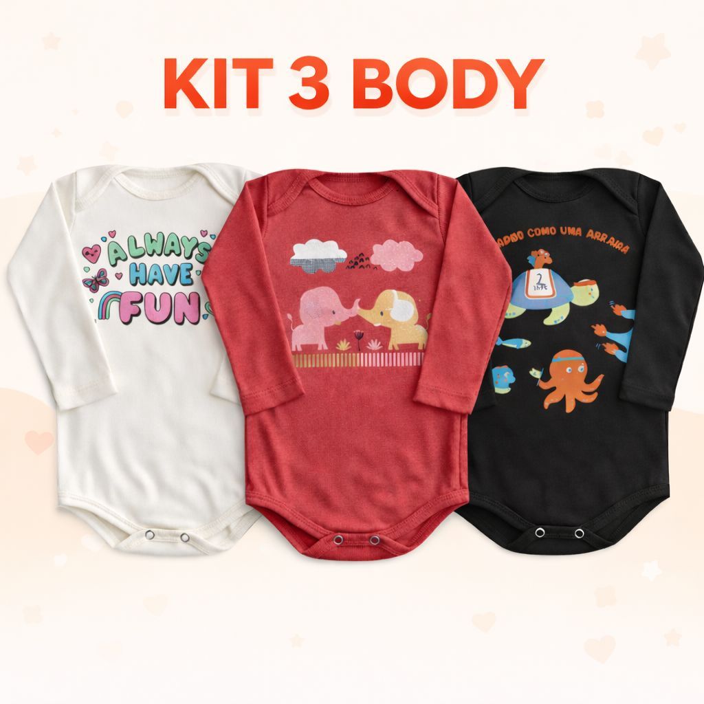 Kit 3 Body Sortidos Bebê Manga Longa Algodão Estampado Roupa de Bebê | Feminino e Masculino | RN ao 3 | REF 2440 em Oferta na Shopee