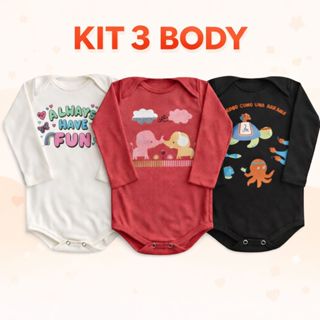Kit 3 Body Sortidos Bebê Manga Longa Algodão Estampado Roupa de Bebê | Feminino e Masculino | RN ao 3 | REF 2440 em Oferta na Shopee