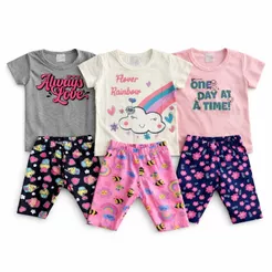 Kit 3 Conjunto Bebê Menina Camiseta e Calça Estampada Algodão Macio Estampa da Calça Variada | P ao GG | REF 2421