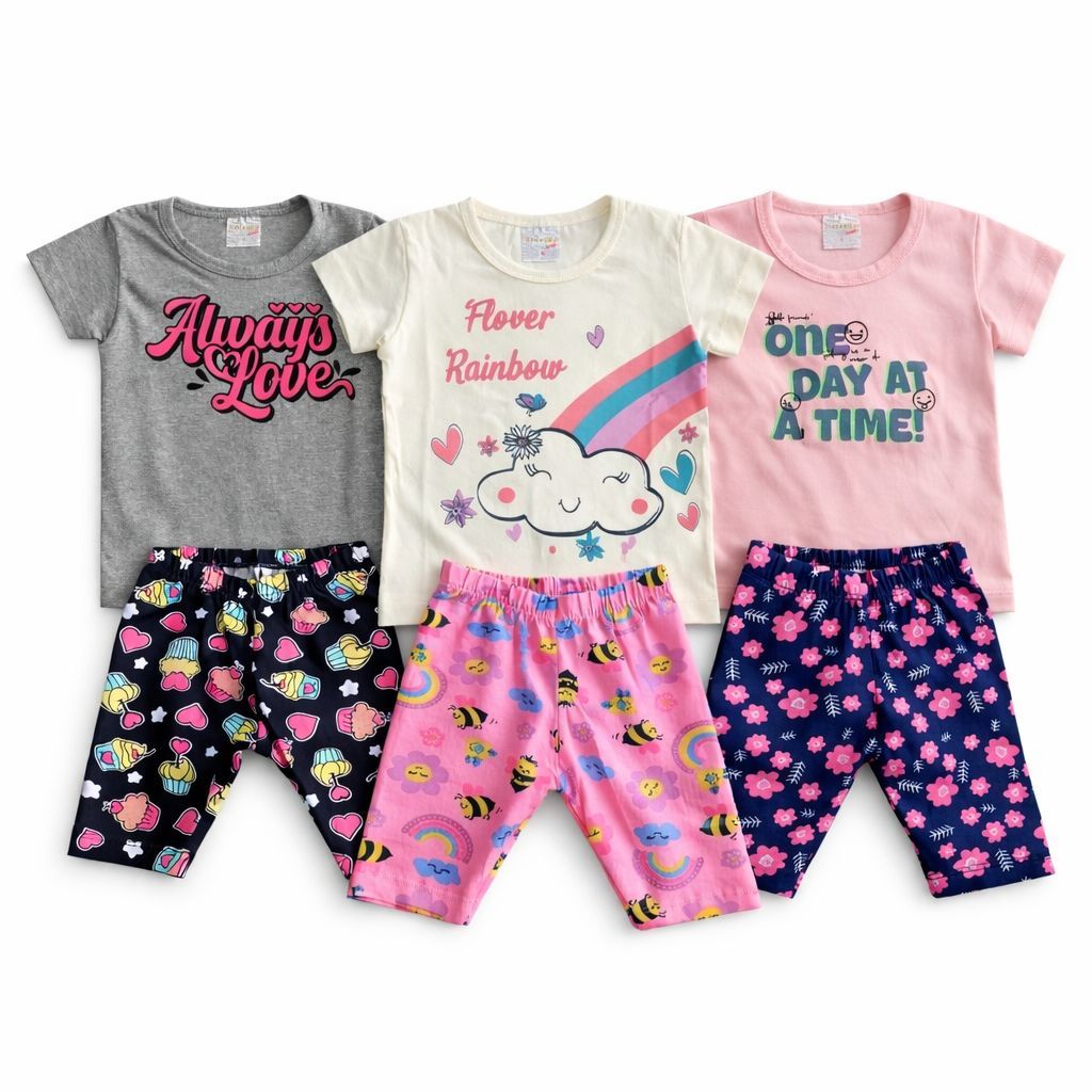 Kit 3 Conjunto Bebê Menina Camiseta e Calça Estampada Algodão Macio Estampa da Calça Variada | P ao GG | REF 2421
