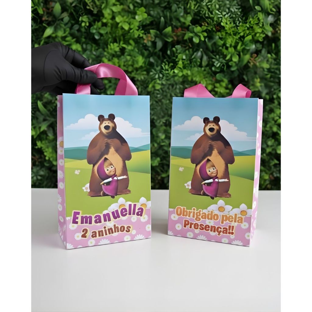 Sacolinha Personalizada Marsha e o Urso Lembrancinha Festa Infantil 9x12cm Luxo 180gr Aça Cetimgr