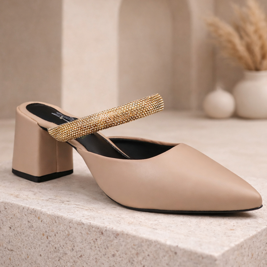 Mule Feminino Scarpin Salto Bloco Bico Fino Luxo Confortável Elegante Tira de Strass Moderno AC em Oferta na Shopee