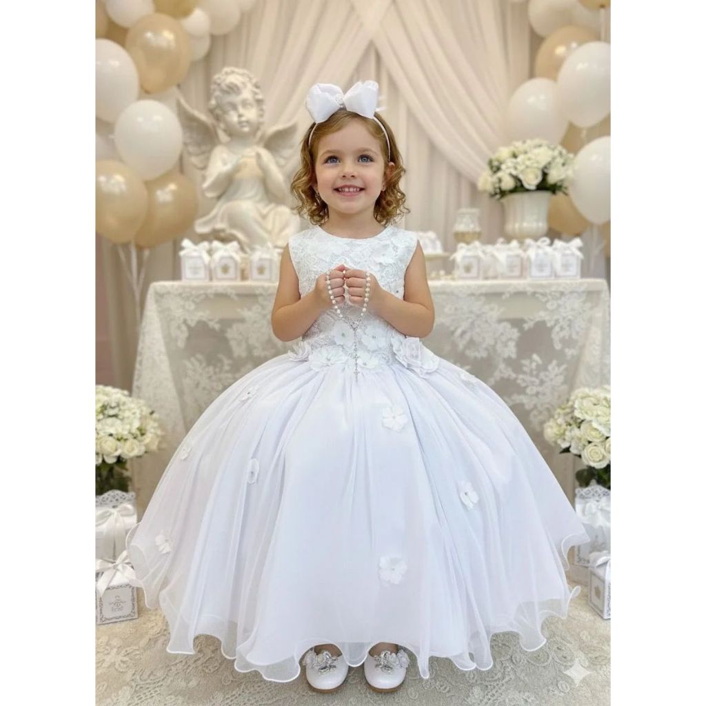 Vestido infantil Lele Regata Flores Branco Formatura Crisma Batizado jardim Eucaristia aniversário luxo Casamento dama