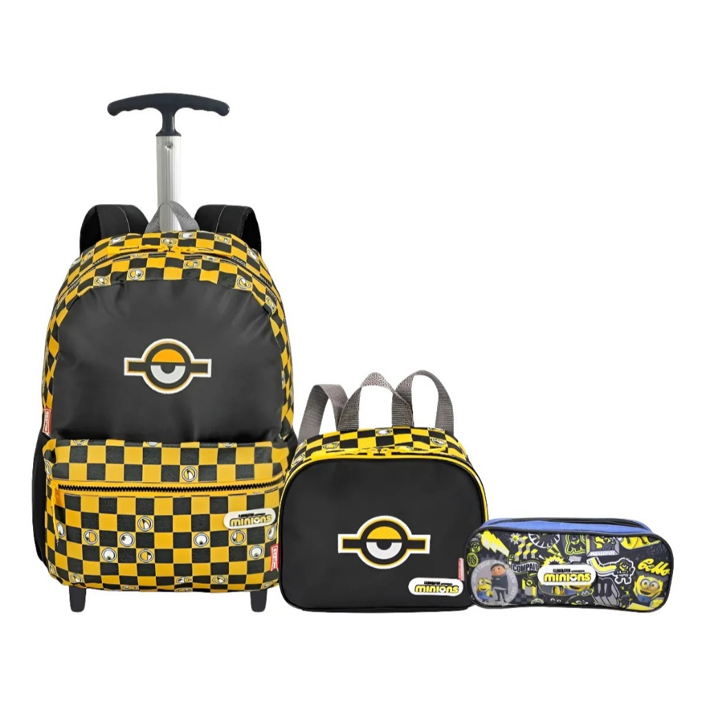 Kit Mochila Infantil Estampada Minions Chess Rodinhas Grande Amarelo Minions