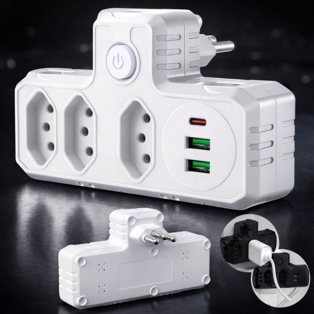 Imagem Benjamim Adaptador Universal 3 Tomadas + 2 USB (Tipo-C e USB-A) com Filtro de Linha – Design Inteligente