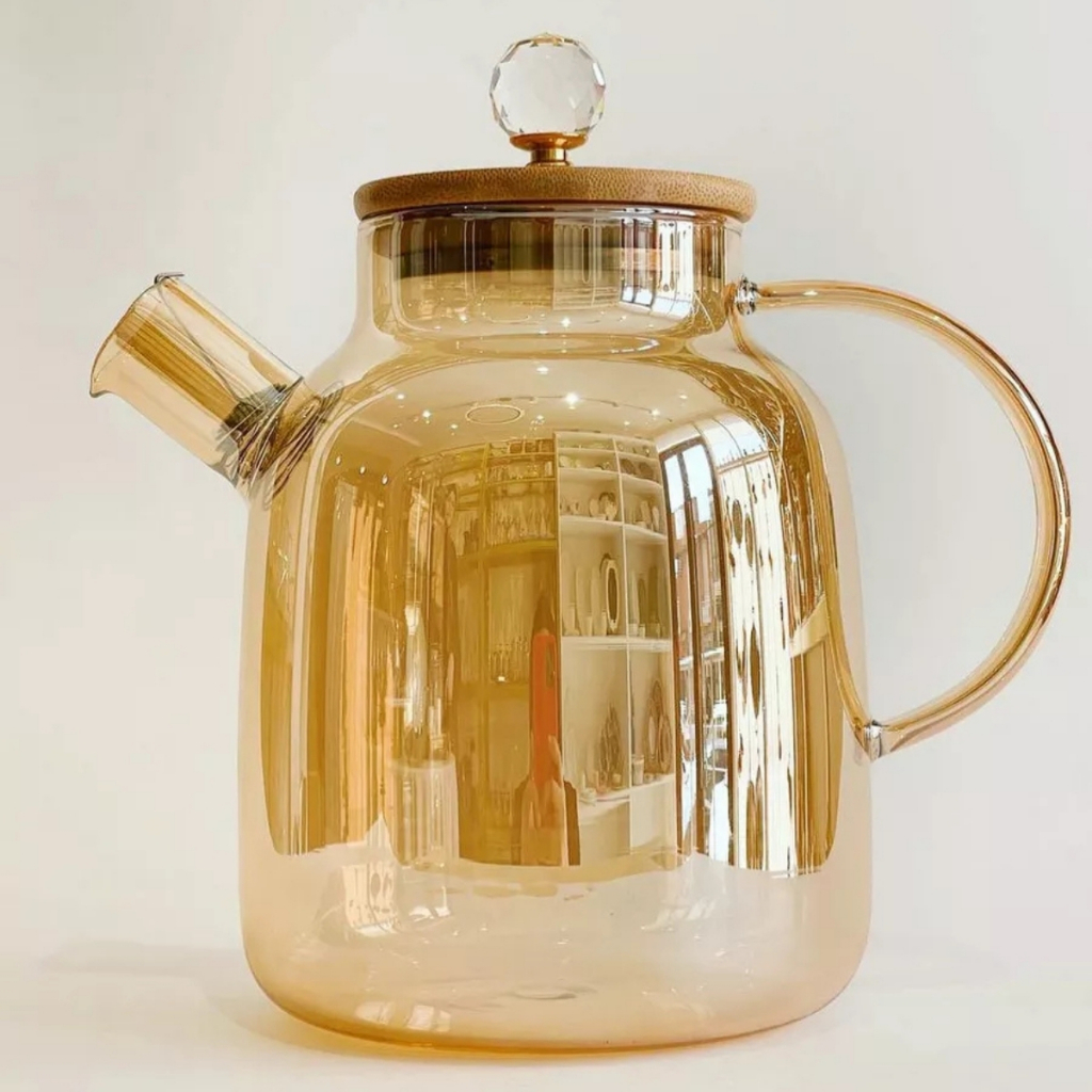 Chaleira de Vidro Âmbar Borossilicato  Bule com Infusor cozinha Tampa Bambu 1,8Litros que vai ao fogo em Oferta na Shopee