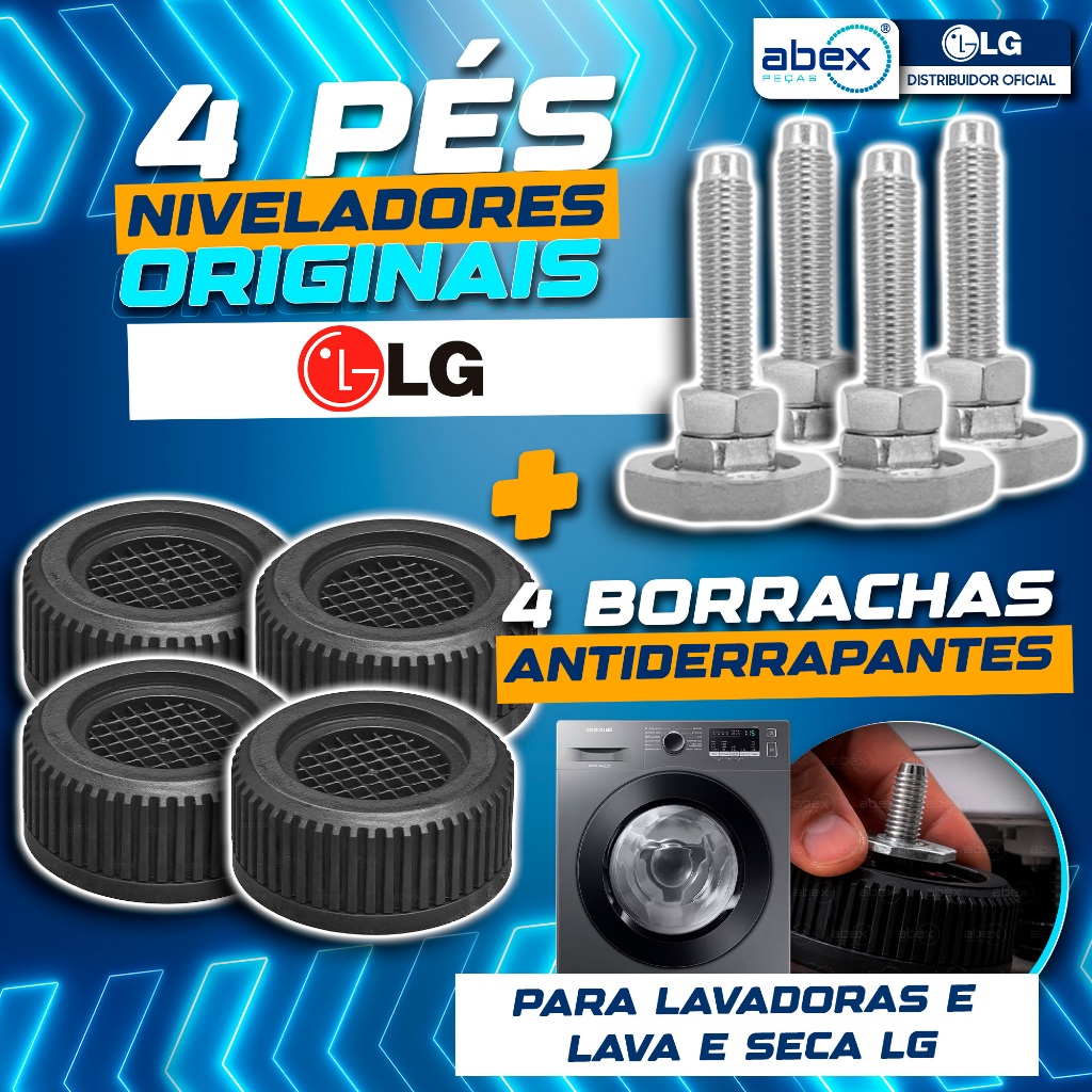 Kit 4 Pés Niveladores E Borrachas Antiderrapantes Para Lavadora Lava E Seca LG AFC72755404 Original