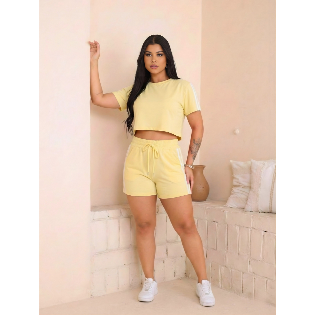 Conjunto Feminino Gringa Short Cós Alto + Cropped Listras Lateral Moda Verão Blogueira em Oferta na Shopee