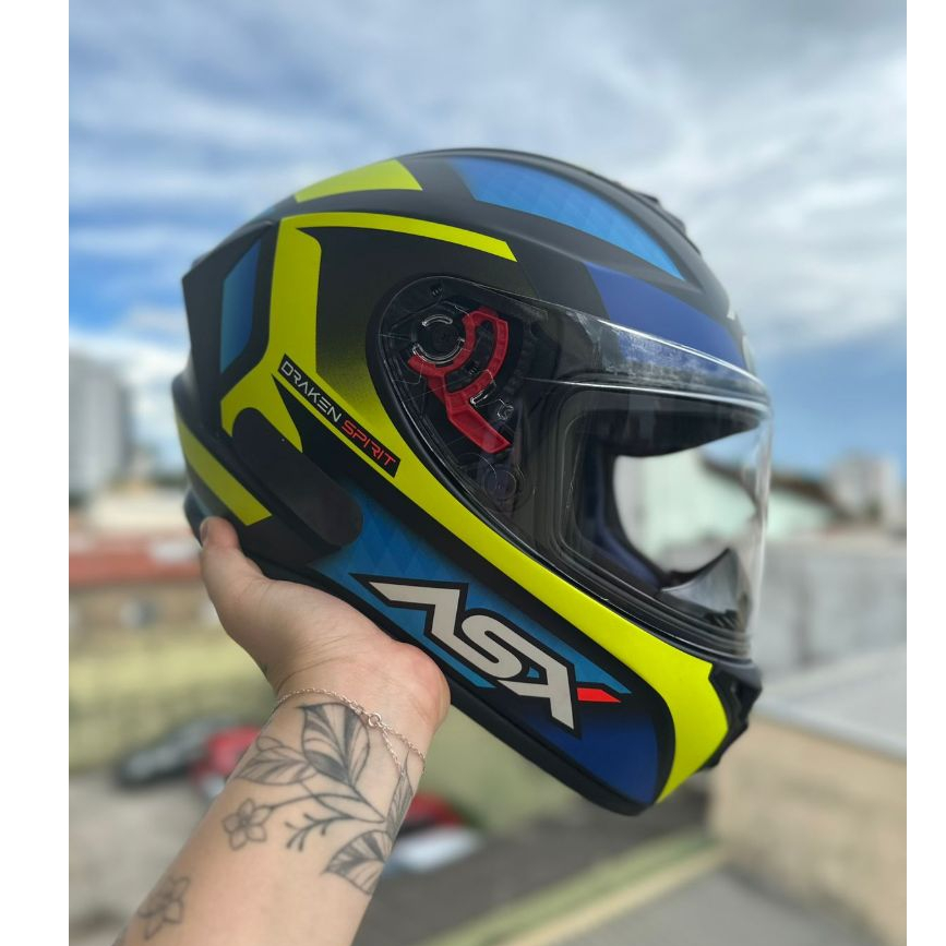 CAPACETE ASX LANÇAMENTO DRAKEN SPIRIT PRETO/AZUL/AMARELO FOSCO + VISEIRA CRISTAL BAVETE NARIGUEIRA PROMOÇÃO