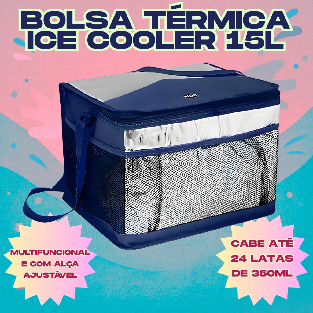 Bolsa Térmica Com Alça Cooler 15 Litros Fitness Versátil Bebidas Comidas Até 24 Latinhas Azul Mor