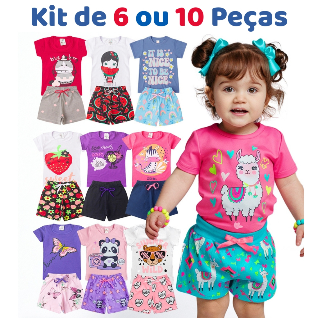 Kit de 6 ou 10 Peças Roupa Infantil Menina 5 Camisetas e 5 Shorts Conjunto Infantil Feminina Verão em Oferta na Shopee