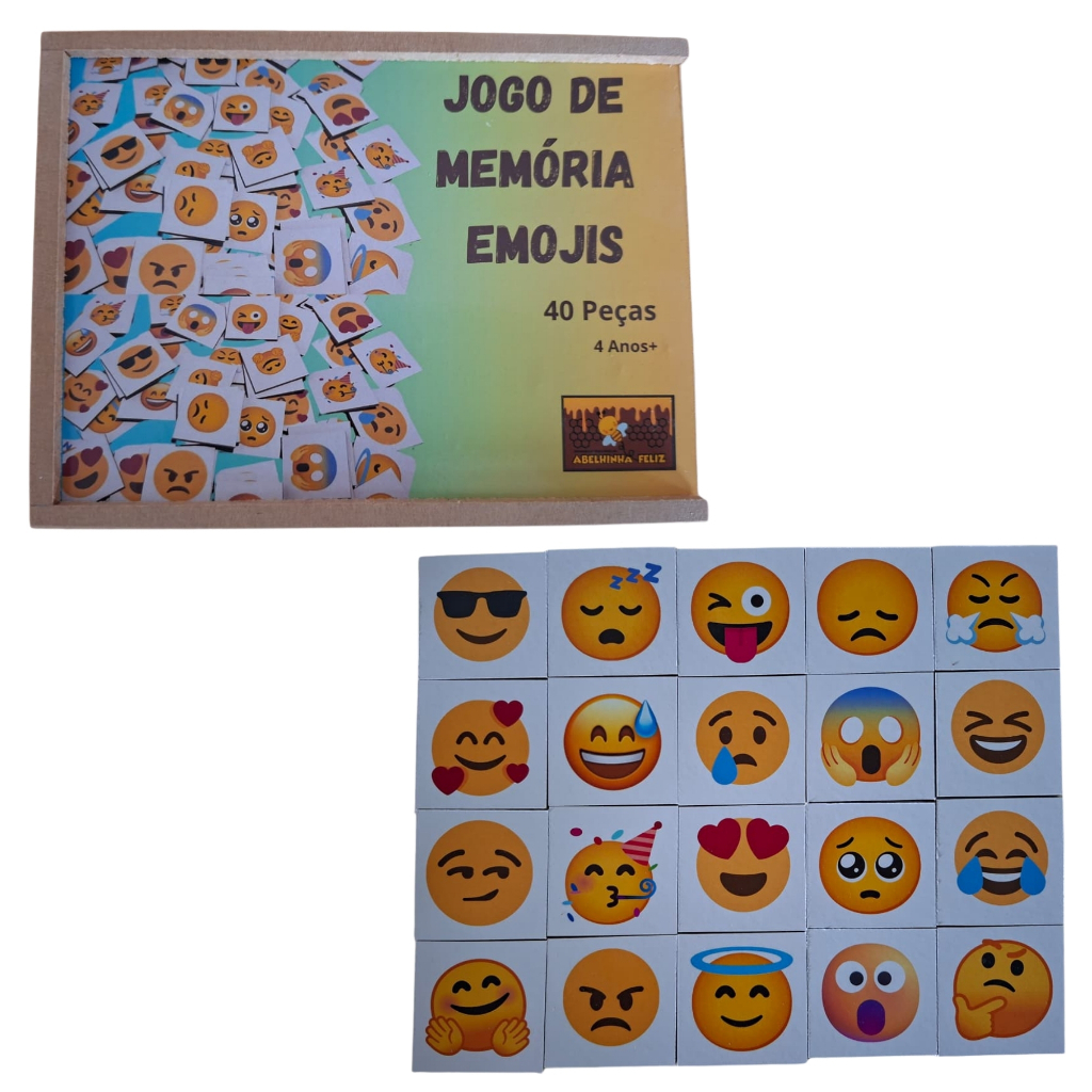 JOGO DA MEMÓRIA EMOJIS 40 PEÇAS EM MDF COM CAIXA