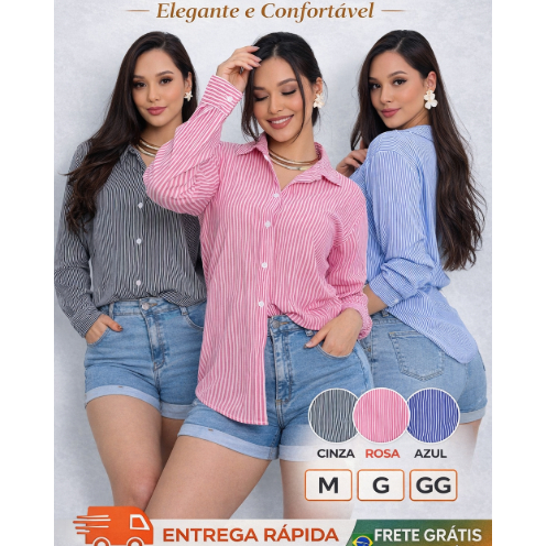 Camisa Social femenino listrada  social manga longa Elegante Lindo Blusa Lisa Chike Botão M G GG em Oferta na Shopee