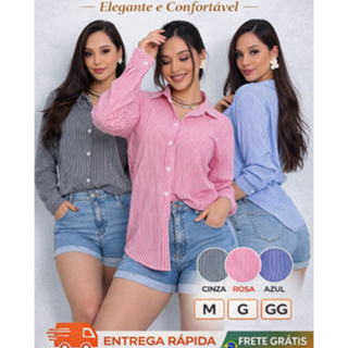 Camisa Social femenino listrada  social manga longa Elegante Lindo Blusa Lisa Chike Botão M G GG em Oferta na Shopee