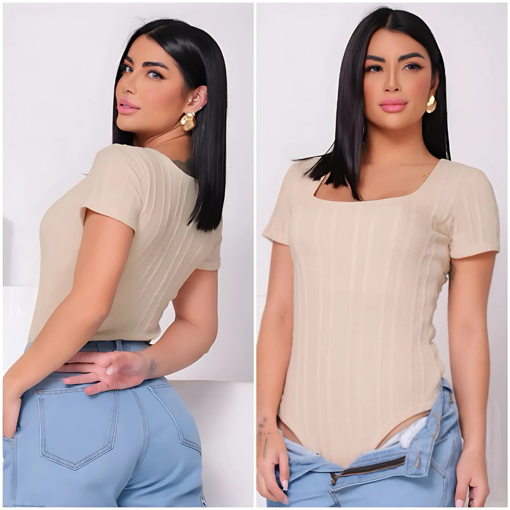 Body Feminino Canelado Manga Curta Decote Quadrado Básico Elegante Confortável Moda Casual