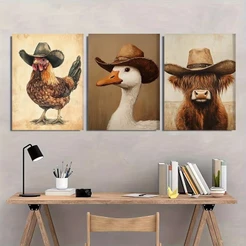 Kit 3 Quadros Decorativos Animais Fazenda Vaca Galinha Pato Cowboy Rústico Humor Churrasqueira