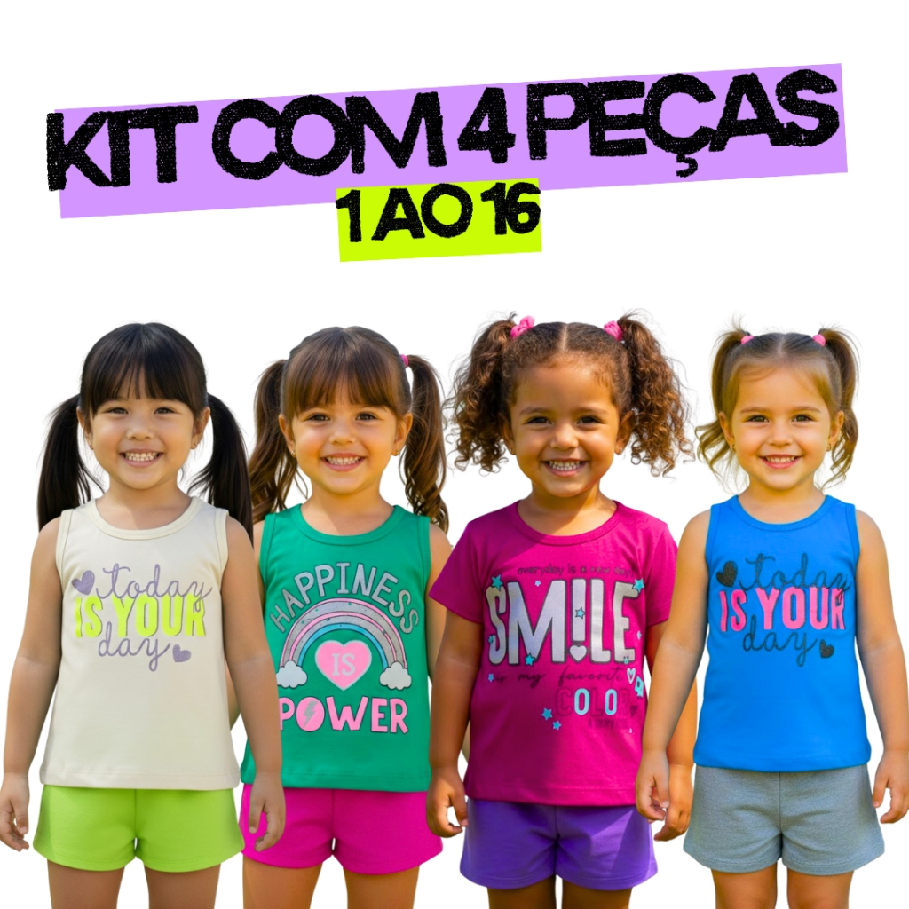 Kit 4 Peças| Conjunto Menina| Infantil Menina| Roupa Menina|2 Camiseta Regata Menina 2 Short 1 a 16