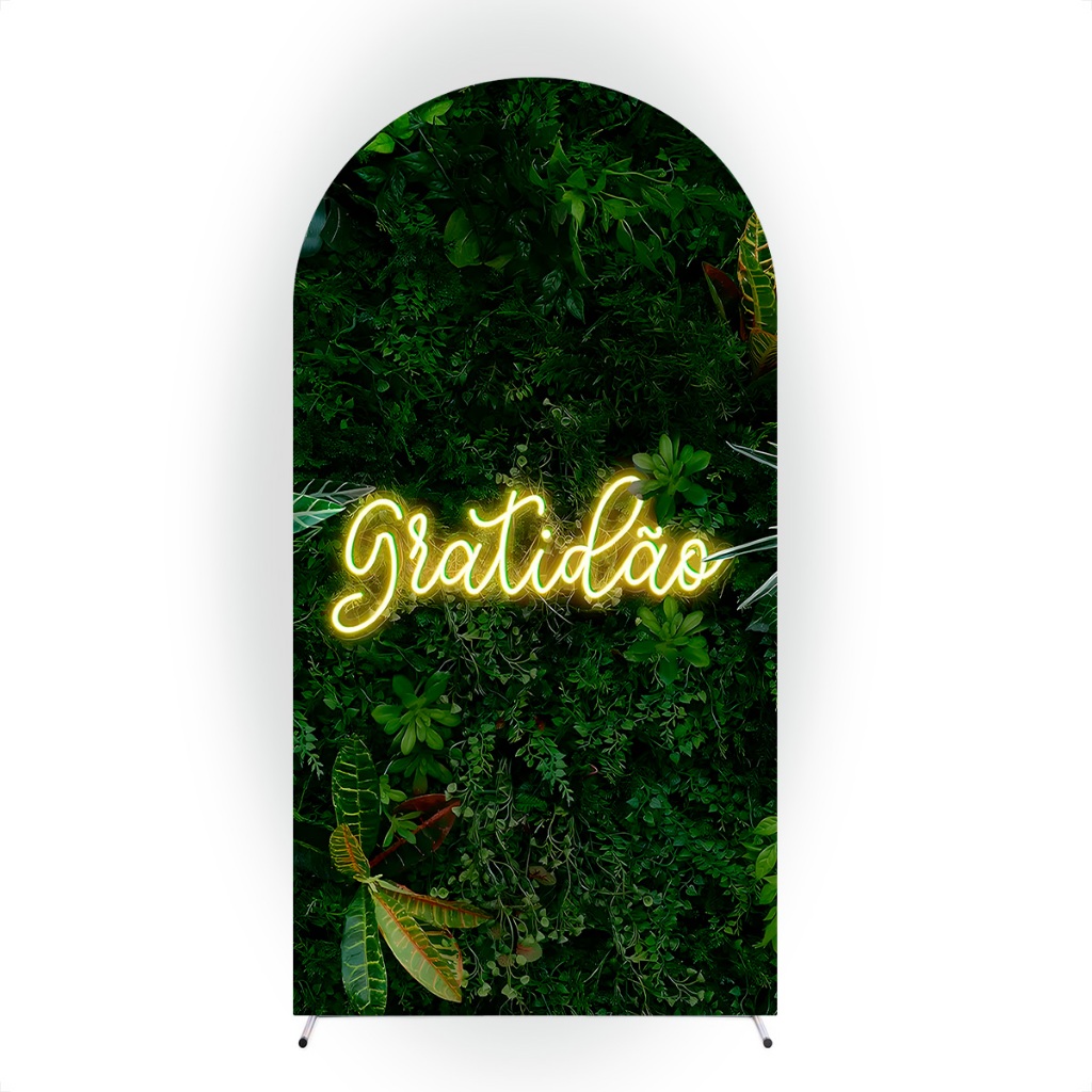 Capa Painel Romano Arco 2x1 Estampado Gratidão Natureza Verde - Tecido Helanca com Elástico Decoração Festa e Eventos