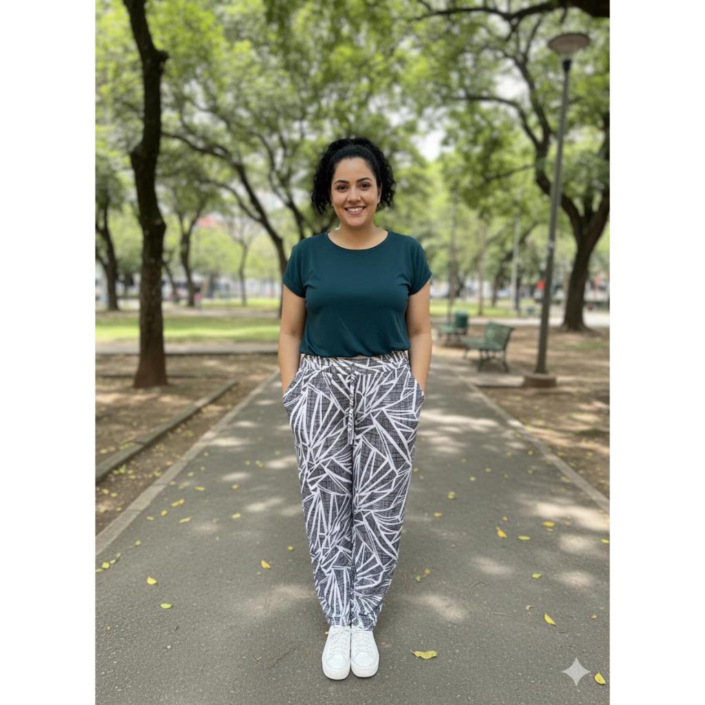 Calça Estampado de Malha fria, Soltinho, Leve e Fresquinho. Com Elástico na Cintura e com Bolsos.