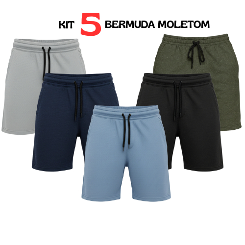 Kit 5 Bermudas de Moletom Masculina Conforto Premium | Cós com Cordão e Bolsos Laterais