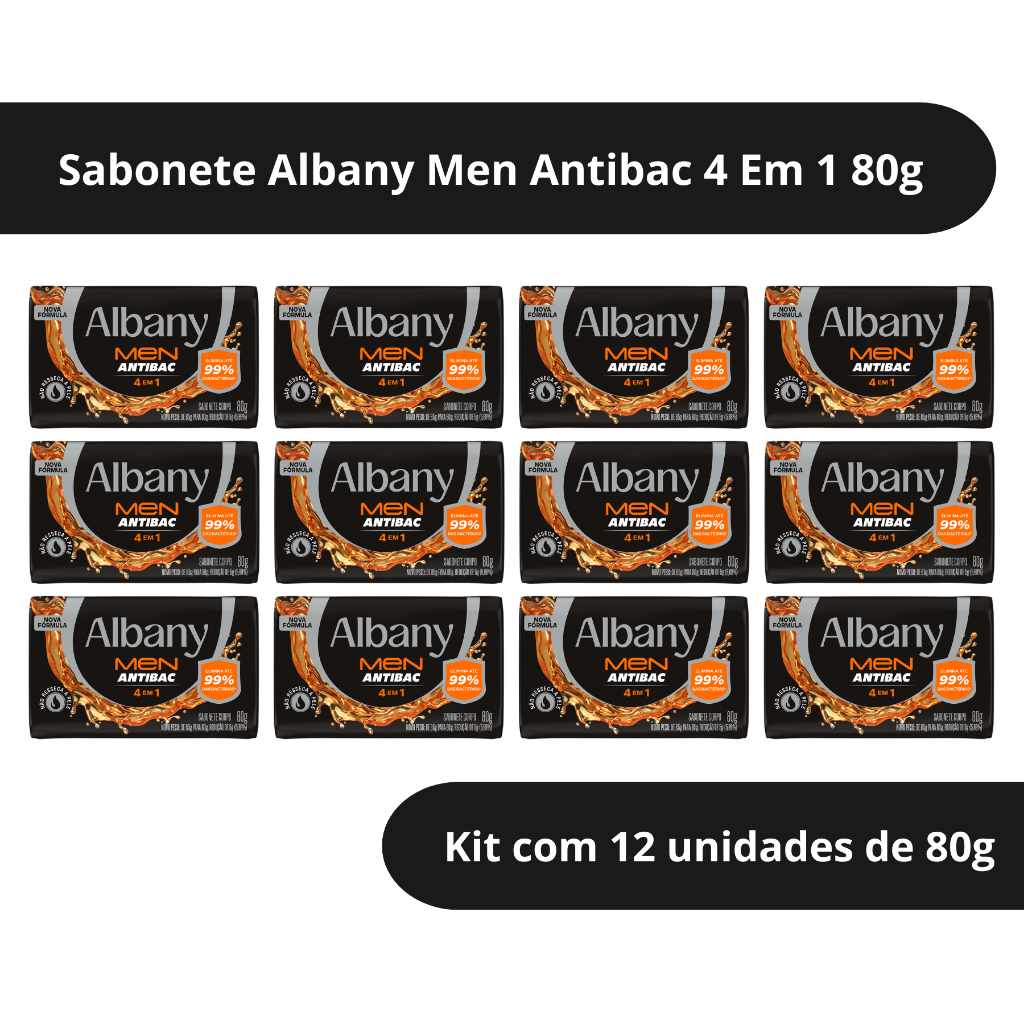 Kit com 12 Sabonete em Barra Albany Men Antibac 4 em 1 80g