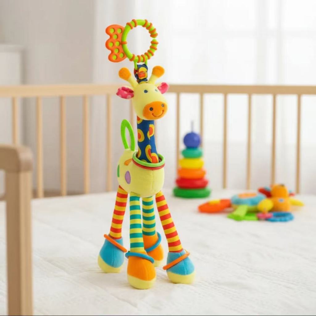 Móbile Girafa Grande Colorida com Mordedor, Chocalho e Naninha Espiral para Bebês - Ideal para Carrinho e Berço