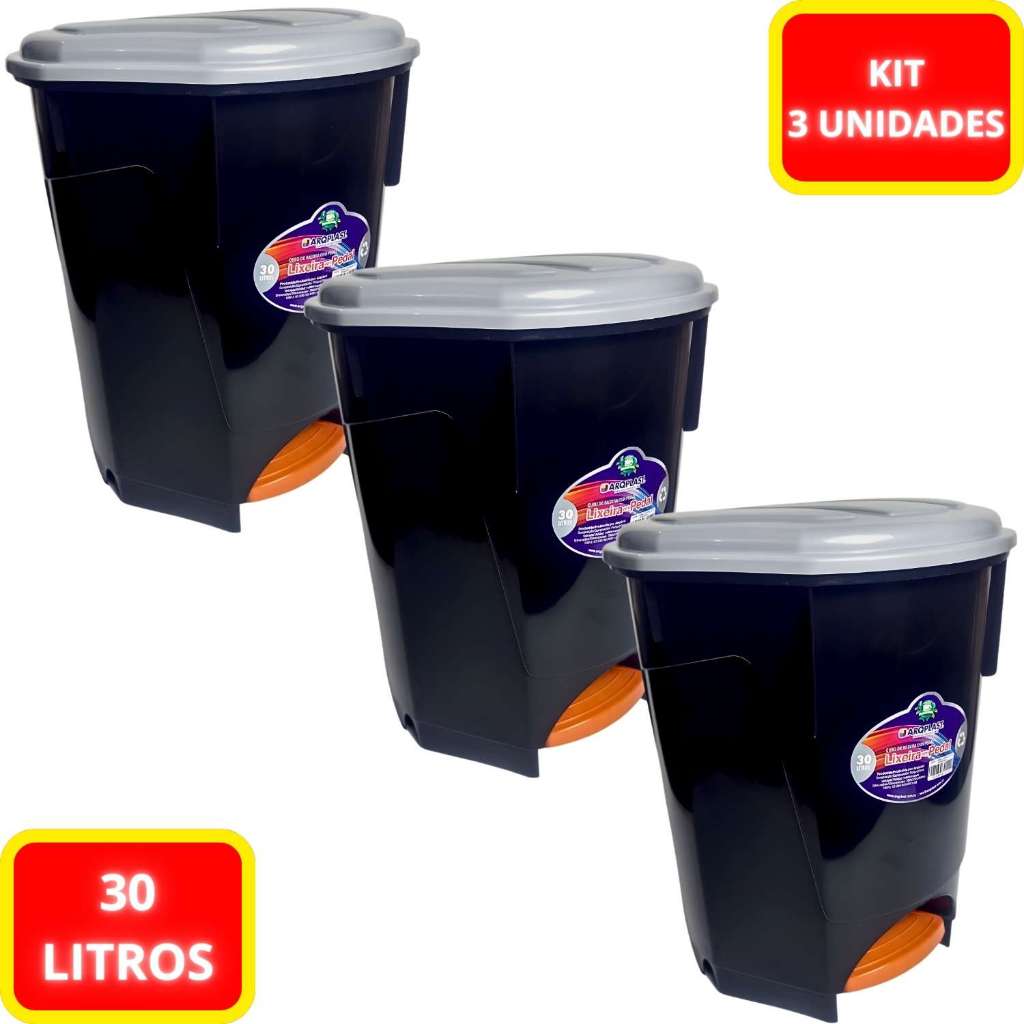 Kit 3 Unidades Lixeira Pedal Plástico Cesto Com Tampa Banheiro Cozinha Escritório 30 Litros