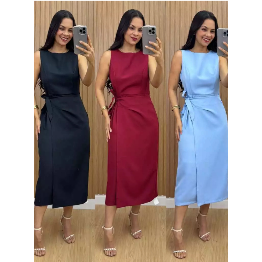 Vestido Feminino Alfaiataria   Midi com Amarração Lateral Elegante  y luxo