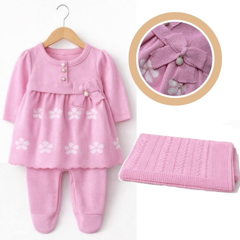 VESTIDO CALCA E MANTA TRICOT ENXOVAL PÉROLAS E FLOR TRICOT SAIDA DE MATERNIDADE LAÇO FEITOS A MAO
