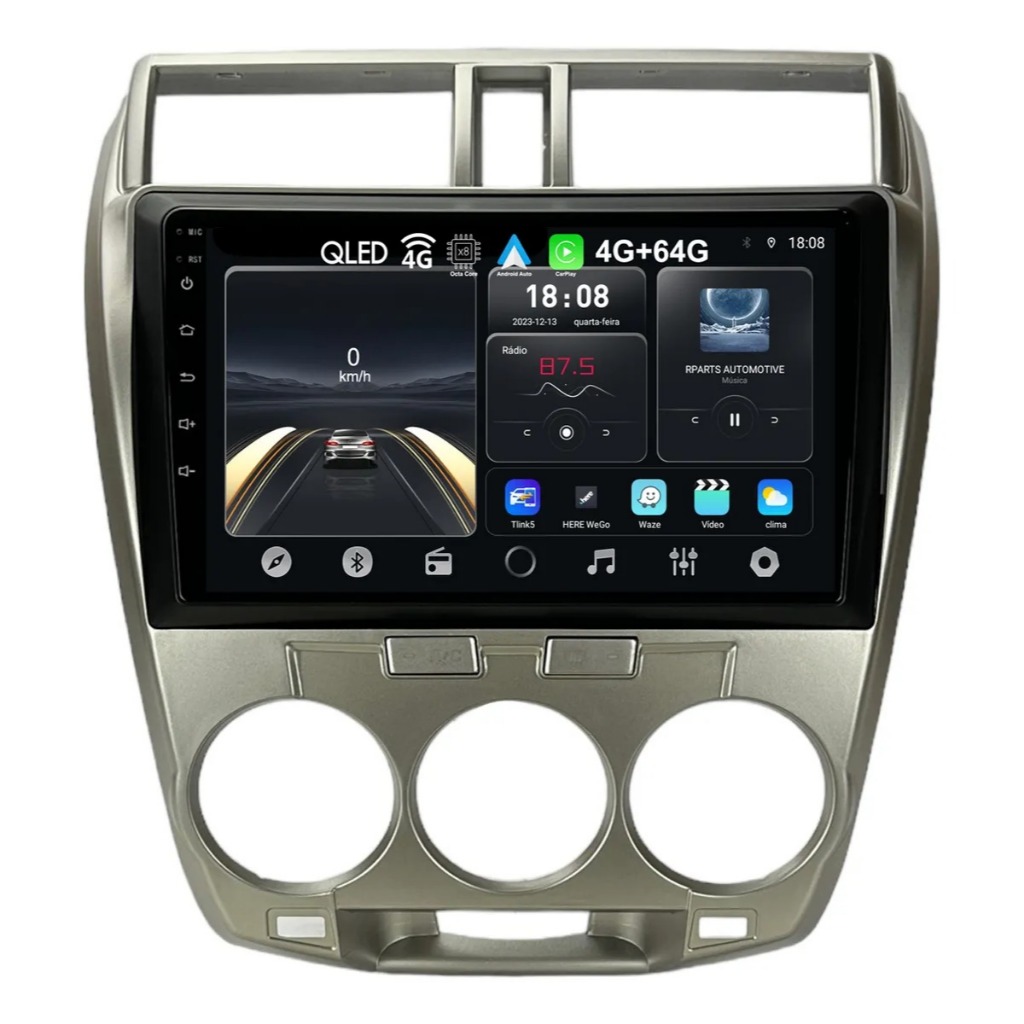 Kit Central Multimídia MP5 Honda City 2009 a 2014 Tela 9" + Moldura Ar Digital/Analógico + Câmera de Ré