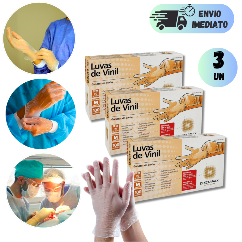 KIT 3 CAIXA DE LUVA VINIL PROCEDIMENTO COM PÓ/SEM PÓ DESCARPACK 100 UNIDADES DESCARTAVEL TRANSPARENTE