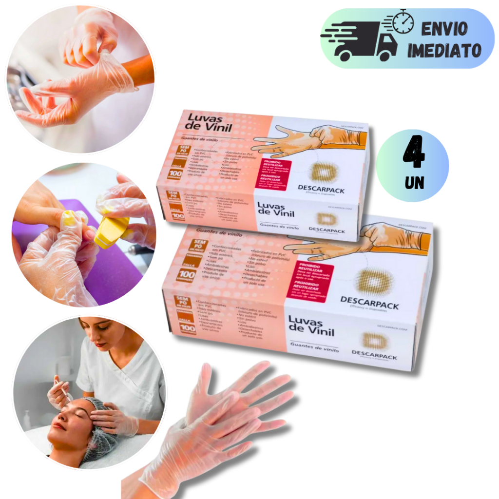 KIT 4 CAIXAS DE LUVA VINIL 100 UNIDADES PROCEDIMENTO DESCARPACK COM PÓ/SEM PÓ LUVA DESCARTAVEL TRANSPARENTE