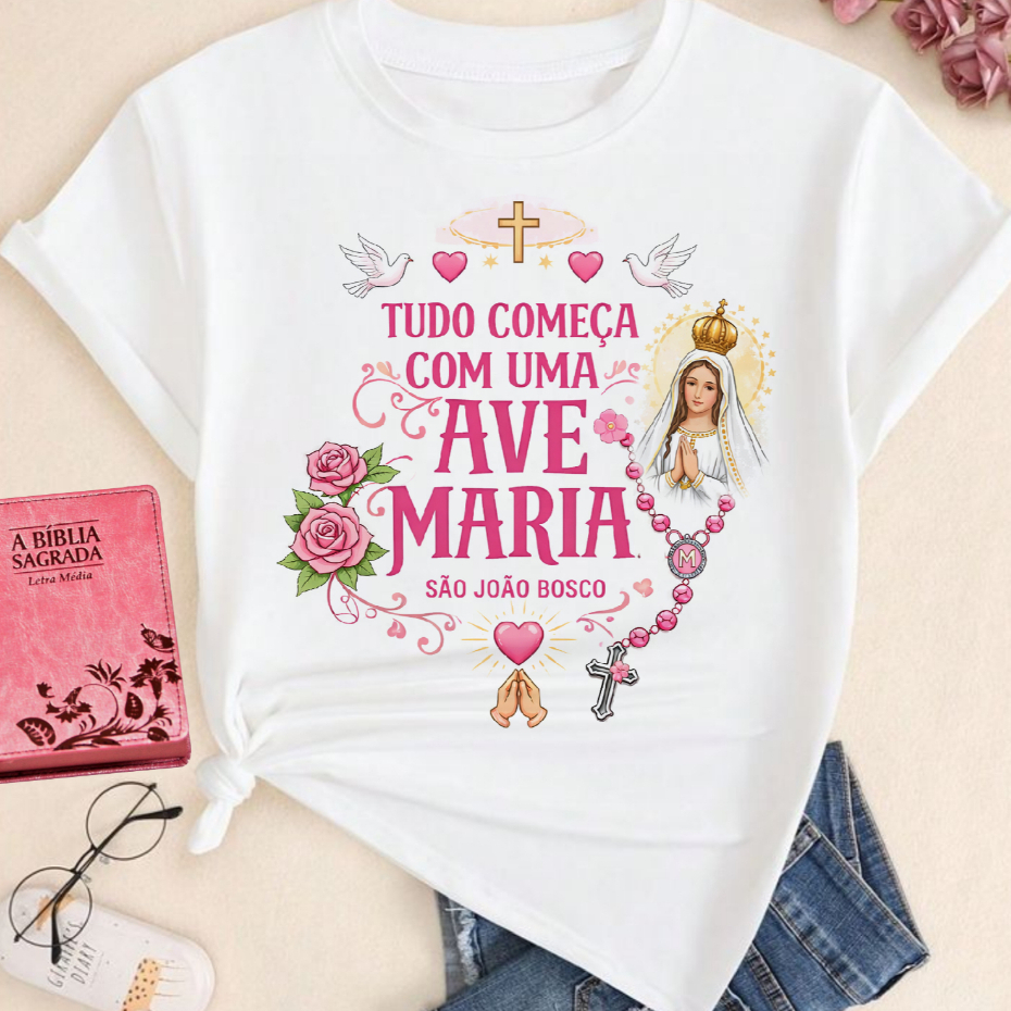 blusa camiseta cristã católica AVE MARIA  SANTA VIRGEM, blusinha t shirt gospel Jesus Cristo plus size em Oferta na Shopee