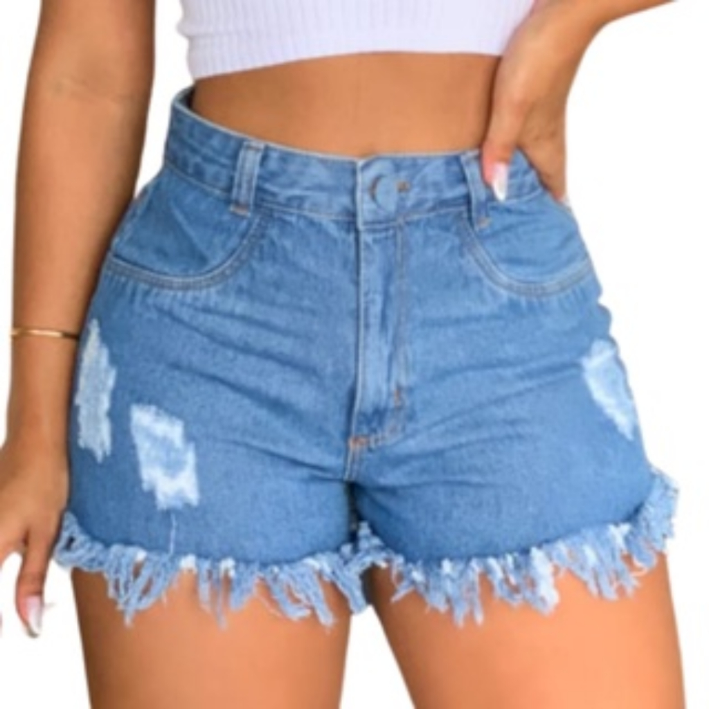 Short Jeans Feminino Cintura Alta Destroyed Barra Desfiada Premium Confortável Modela o Corpo
