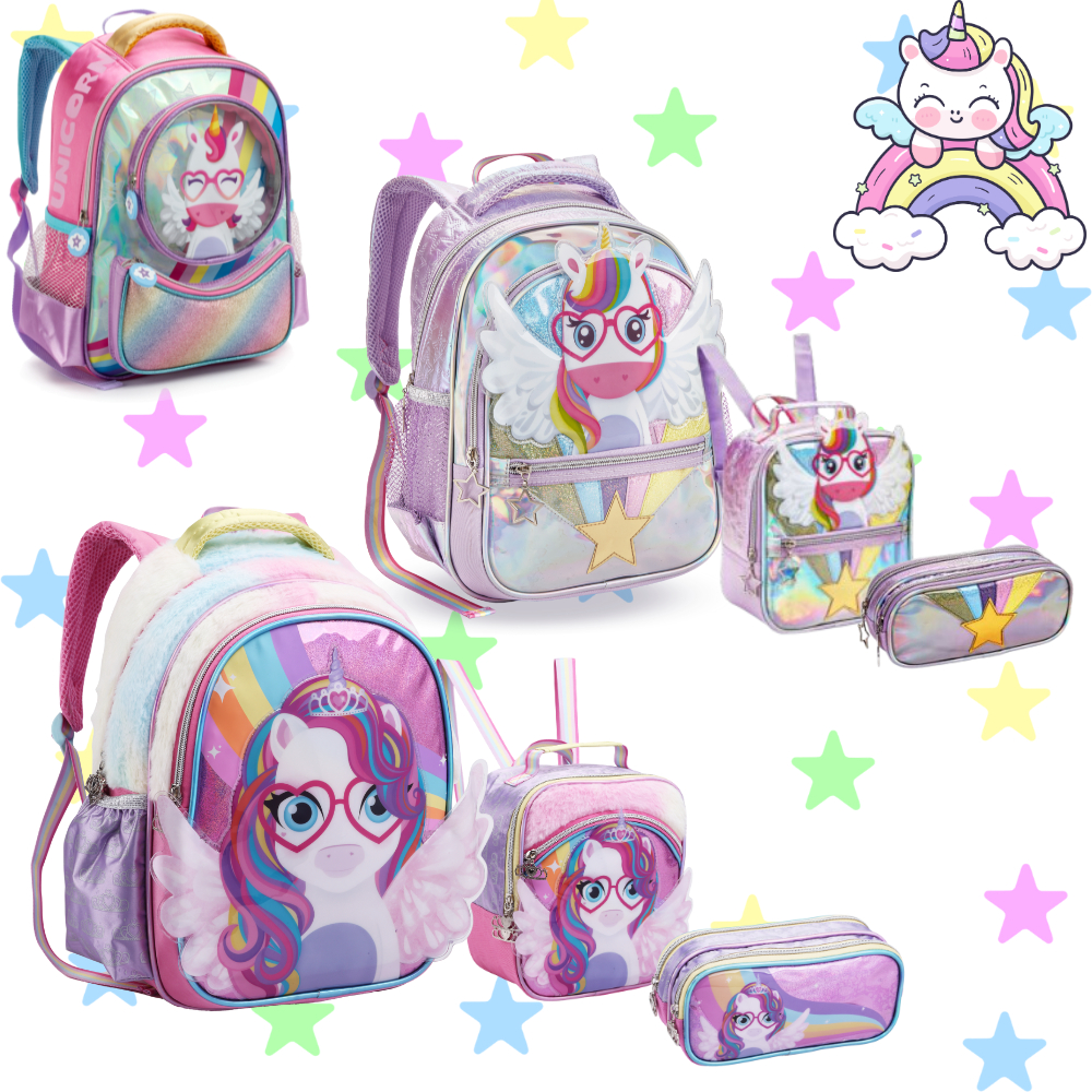 Mochila Infantil Menina Escolar Unicórnio com Glitter Bolsa Feminina Reforçada Holográfica G e P