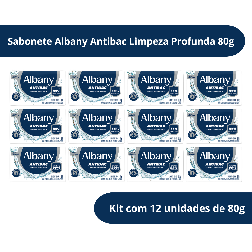 Kit com 12 Sabonete em Barra Albany Antibac Limpeza Profunda 80g