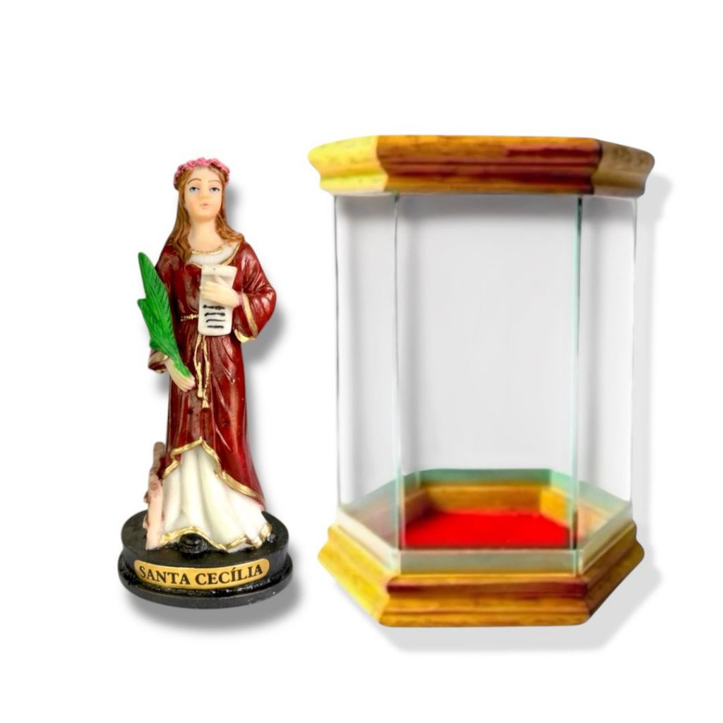 Redoma Oratório de Vidro com Imagem Resina Nobre Santa Cecília 15cm
