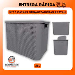 3 X Caixas Organizadora Rattan 28 Litros Grande Cesto Multiuso Tampa Cozinha Sala Quarto Decoração