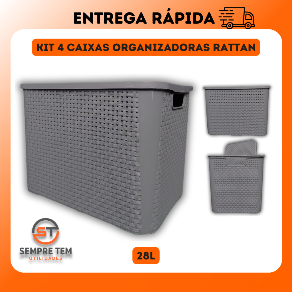 4 X Caixa Organizadoras Rattan 28 Litros Cesto Multiuso C Tampa Empilhavel Plastico Decoraçao Grande