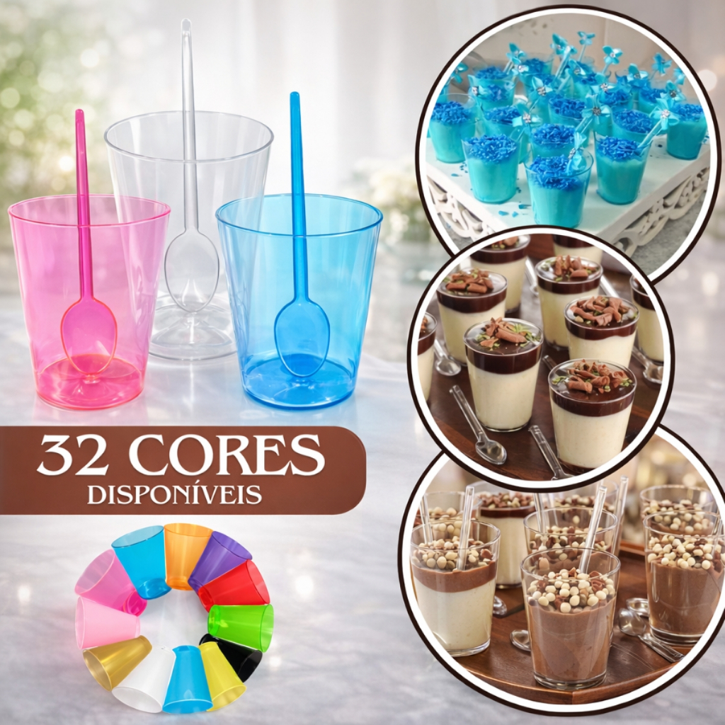 Kit 100 Copinho Potinho Cristal 25ml Acrilico Brigadeiro de Colher Docinho Licor + 100 Colheres Tacinha Aniversário