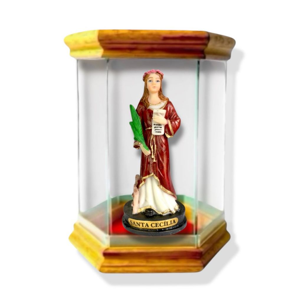 Imagem Santa Cecilia Resina 15cm com Redoma Oratório de Vidro