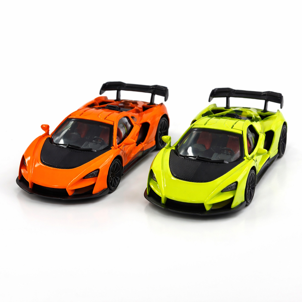 Miniatura McLaren Senna Laranja e Verde Neon 1:38 Metal com Fricção e Pneu de Borracha